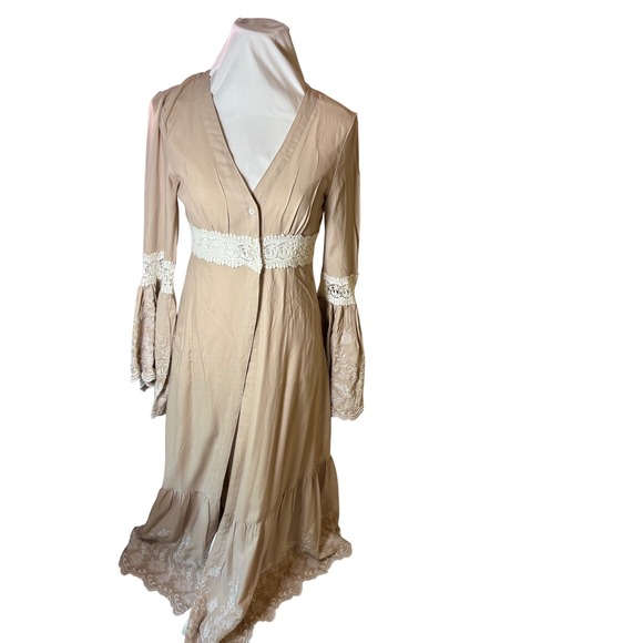 VENUS Dresses & Skirts - Venus Women's US 2 Boho Bell Sleeve Crochet Trim Maxi Cardigan Duster Sand Tan‎